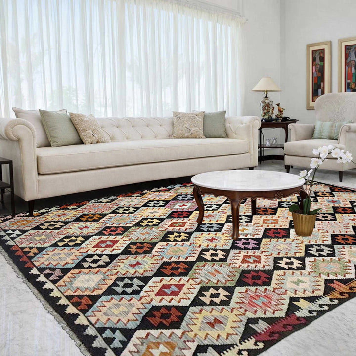 Afghan Vegetable Kilim Rug 6' 8" x 9' 11" Flat-Weave | No. AL555132
