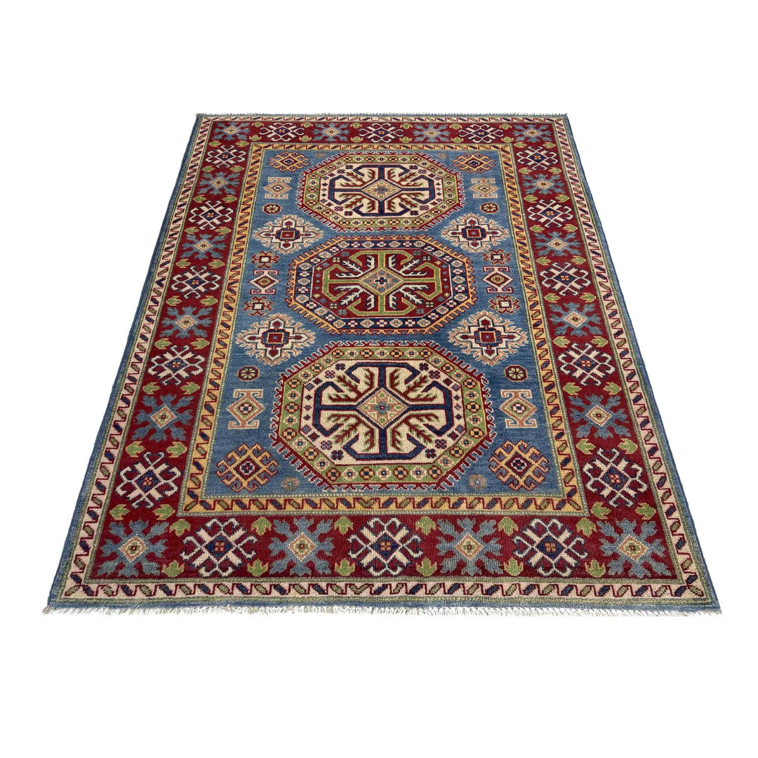 Blue Afghan Kazak Rug 4' 0" x 6' 0" Hand-Knotted | No. AL555175
