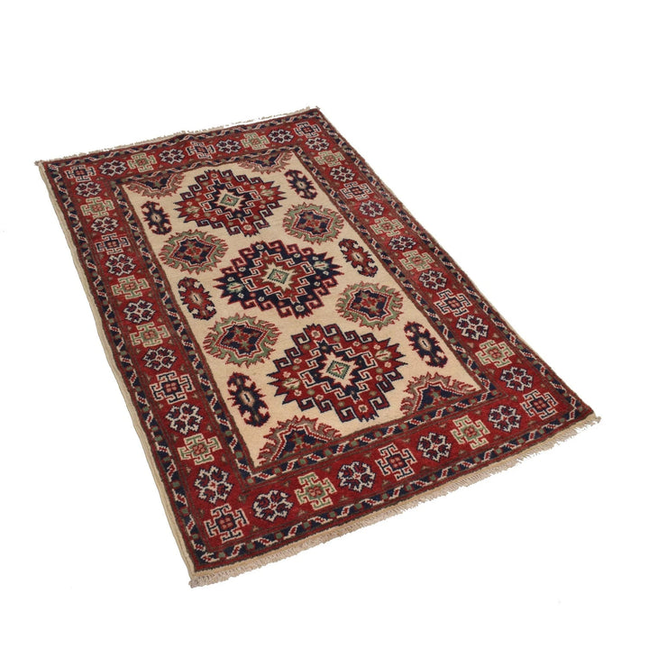 Ivory Afghan Kazak Rug 2' 9" x 4' 3" Hand-Knotted | No. AL55529