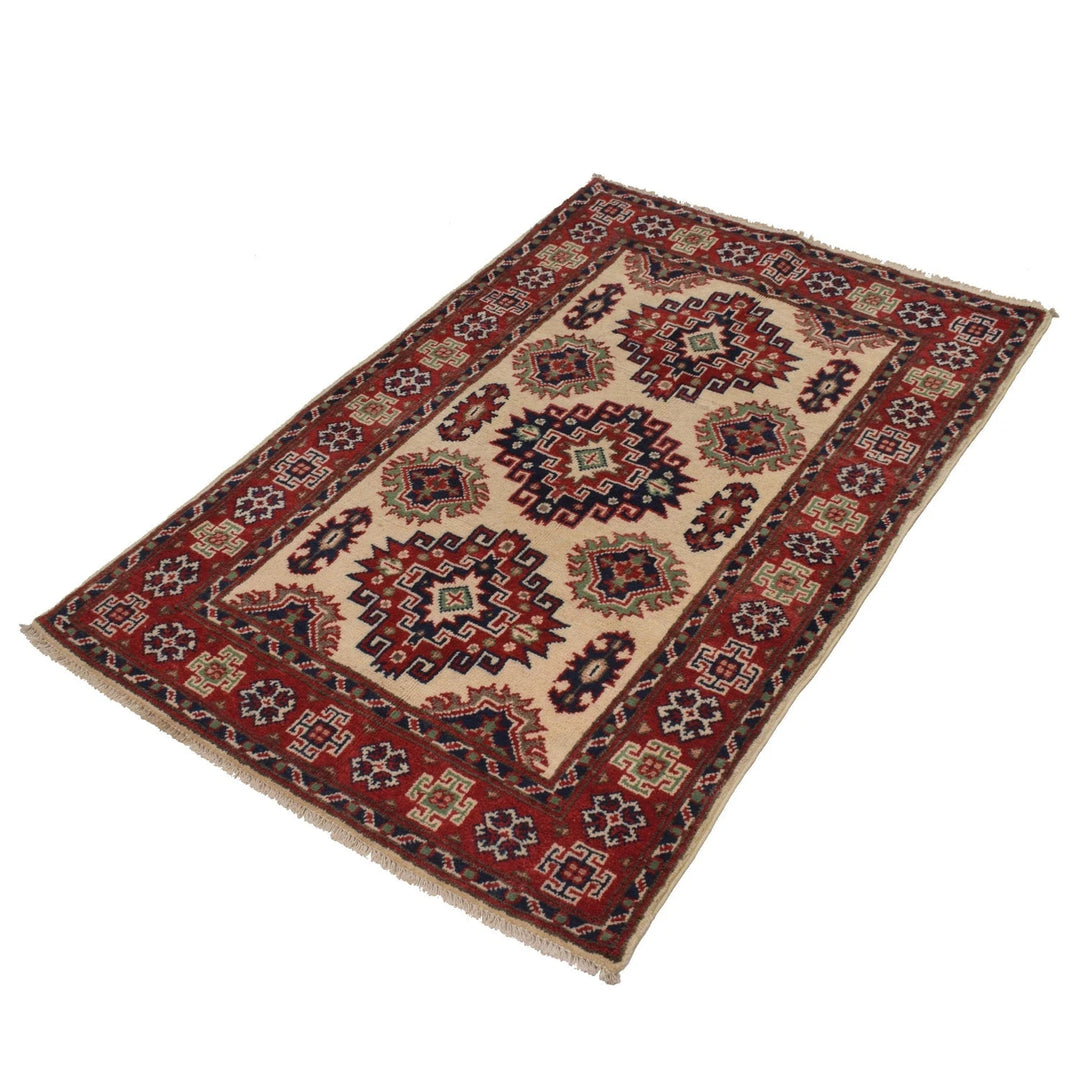 Ivory Afghan Kazak Rug 2' 9" x 4' 3" Hand-Knotted | No. AL55529