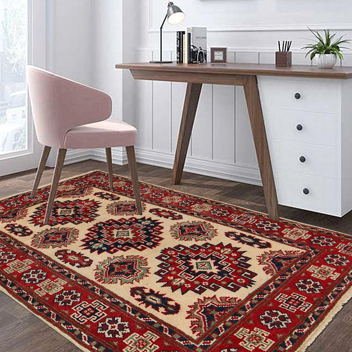 Ivory Afghan Kazak Rug 2' 9" x 4' 3" Hand-Knotted | No. AL55529