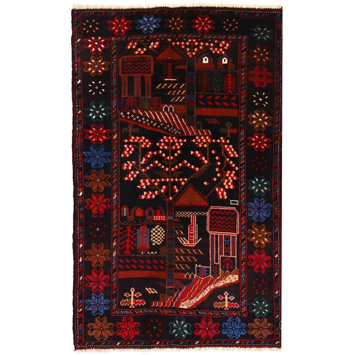 Black Afghan Baluchi Rug 3' 0" x 4' 8" Hand-Knotted | No. AL55532