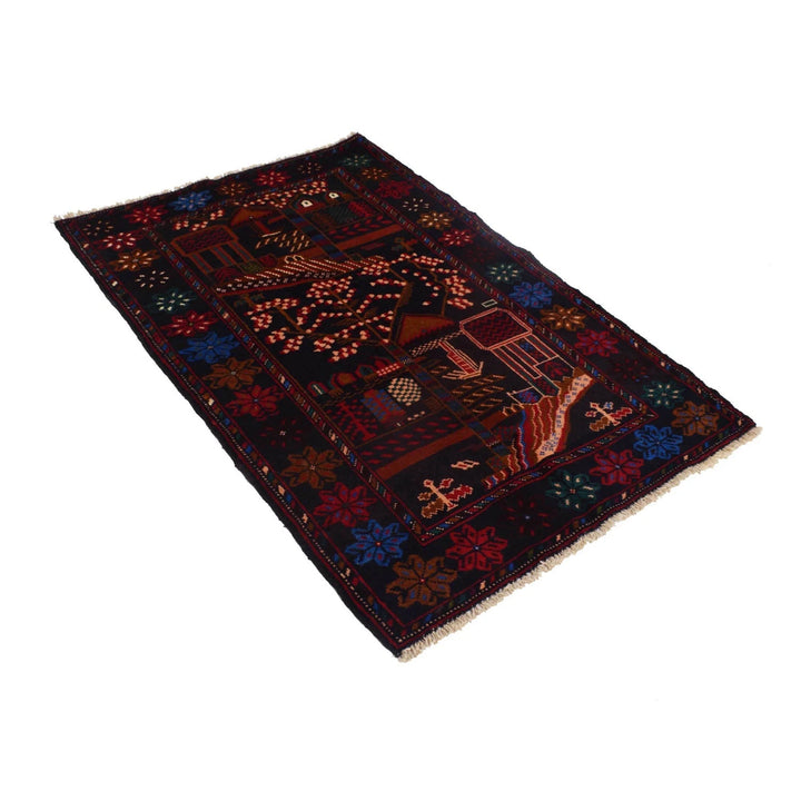Black Afghan Baluchi Rug 3' 0" x 4' 8" Hand-Knotted | No. AL55532