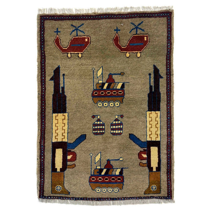 Brown Afghan War Rug 2' 1" x 2' 10" Hand-Knotted | No. AL55632