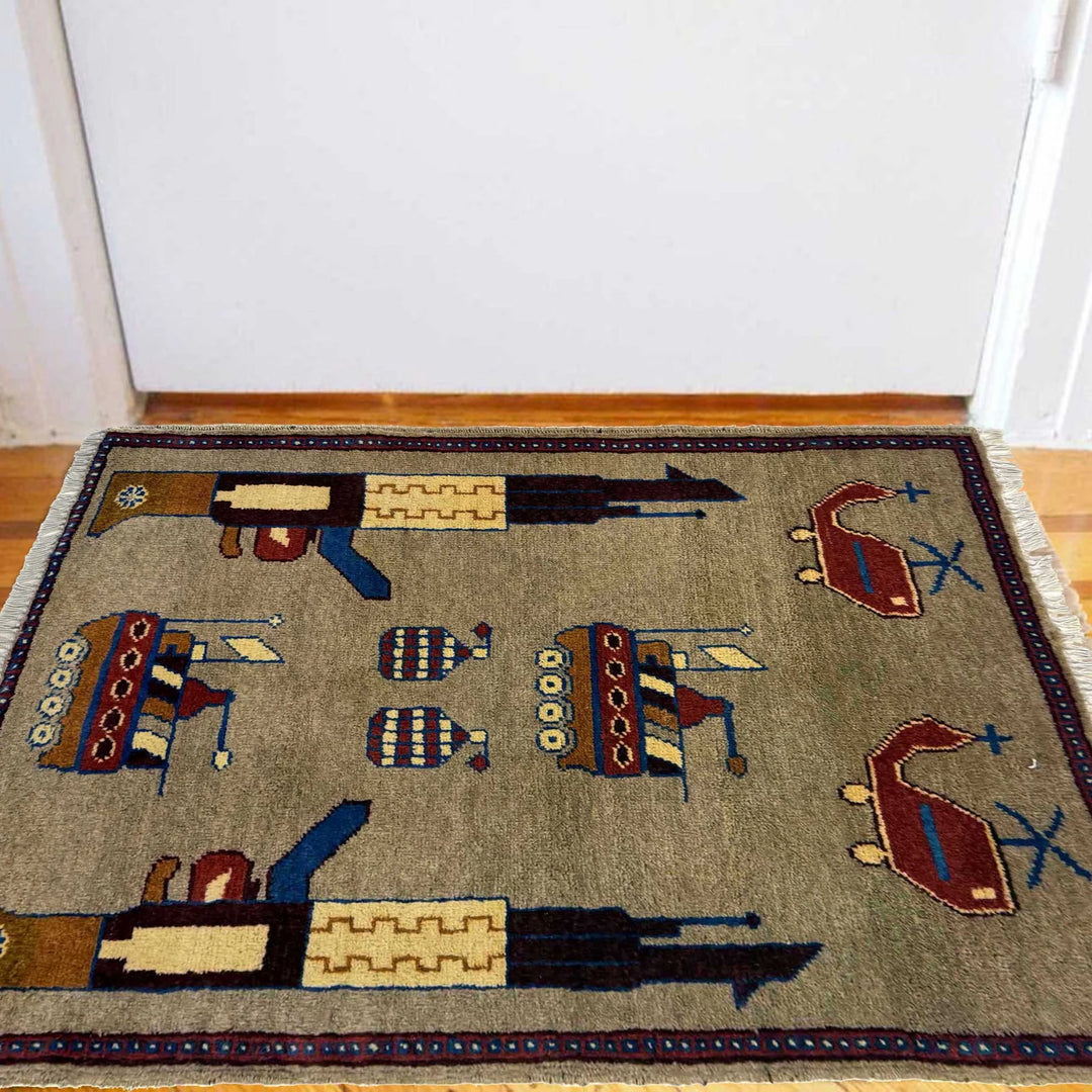 Brown Afghan War Rug 2' 1" x 2' 10" Hand-Knotted | No. AL55632