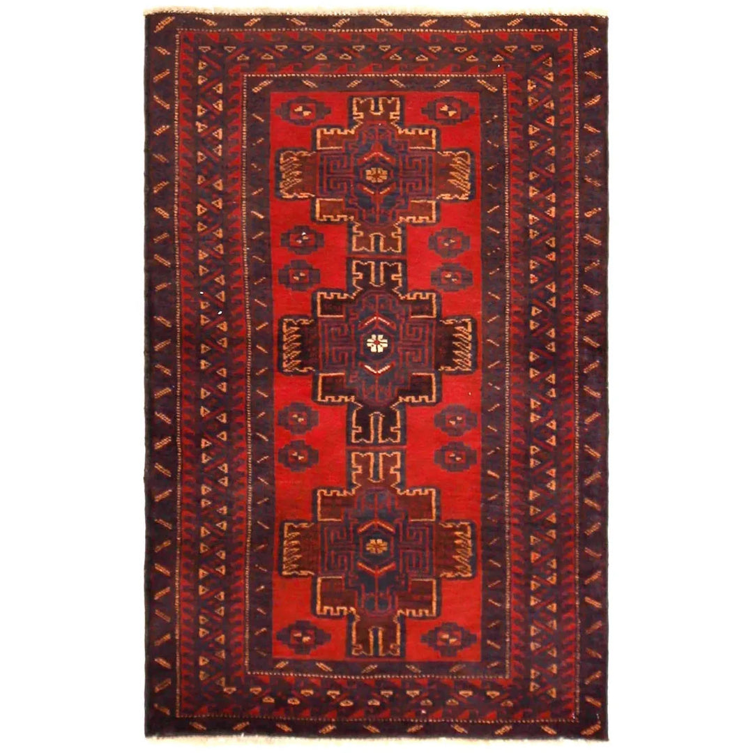 Red Afghan Baluchi Rug 2' 9" x 4' 6" Hand-Knotted | No. AL55682