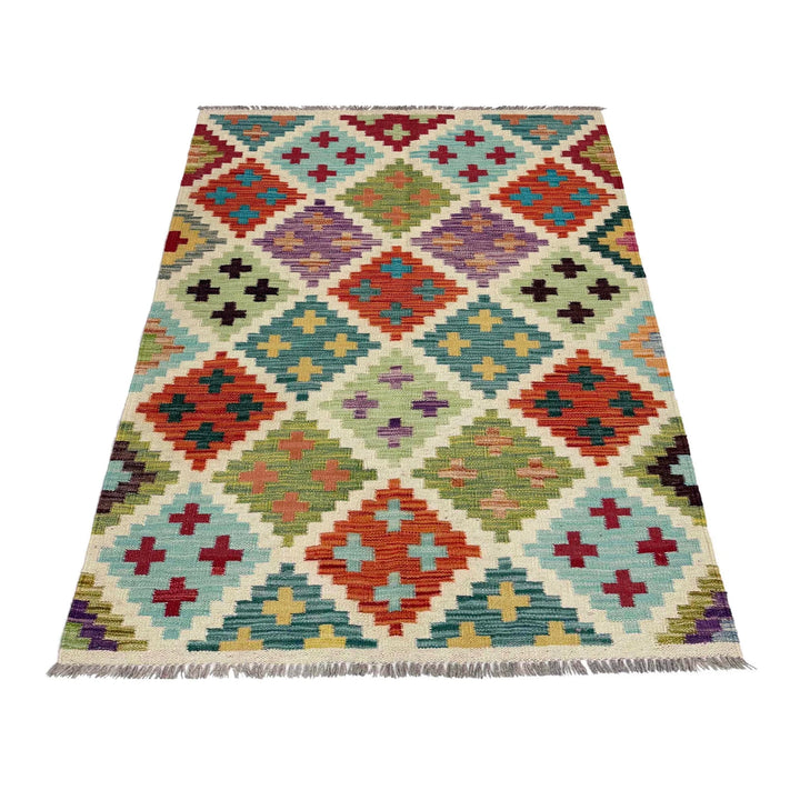 Afghan Vegetable Kilim Rug 3' 4" x 4' 11" Flat-Weave | No. AL558154