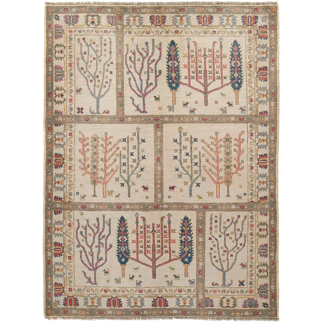 Beige Afghan Tree Of Life Rug 5' 8" x 7' 8" Hand-Knotted | No. AL55932