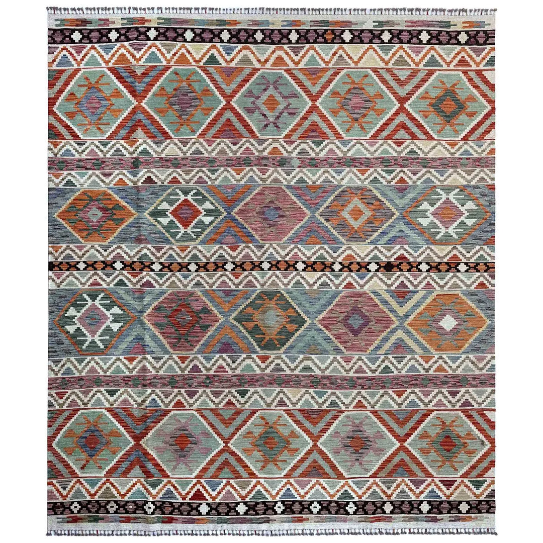 Afghan Vegetable Kilim Rug 8' 5" x 9' 9" Flat-Weave | No. AL55986