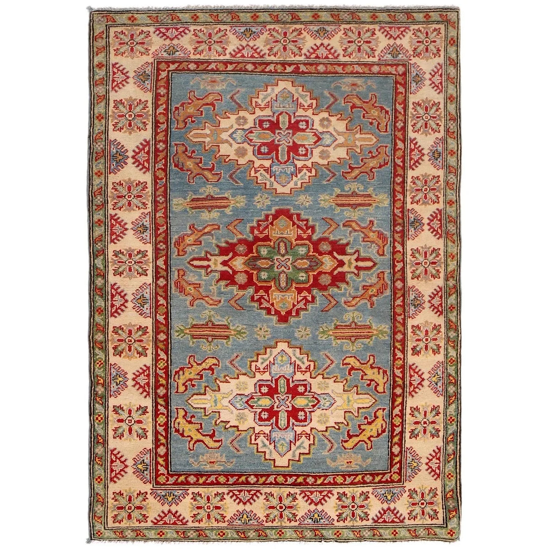 Blue Afghan Kazak Rug 4' 0" x 5' 10" Hand-Knotted | No. AL56001