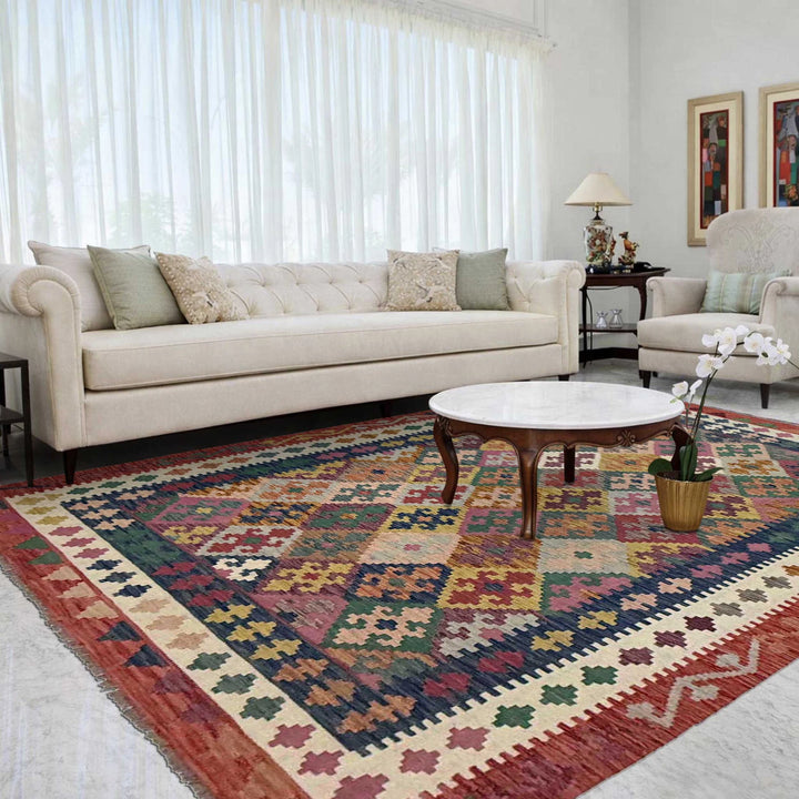 Afghan Vegetable Kilim Rug 6' 7" x 9' 9" Flat-Weave | No. AL560071