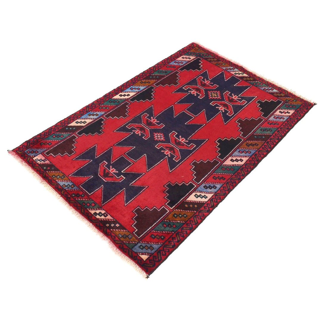 Red Afghan Baluchi Rug 2' 11" x 4' 4" Hand-Knotted | No. AL56132