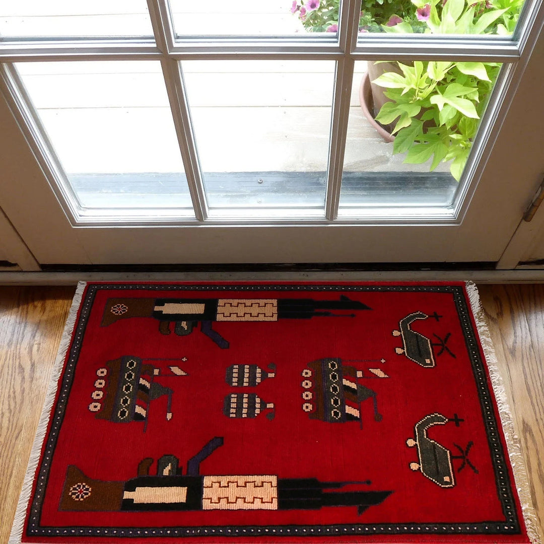 Red Afghan War Rug 2' 0" x 2' 11" Hand-Knotted | No. AL56148