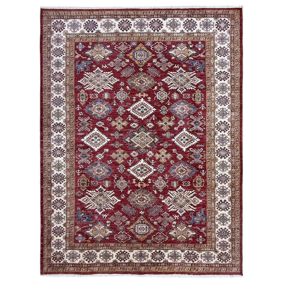 Red Afghan Kazak Rug 6' 11" x 10' 1" Hand-Knotted | No. AL56258