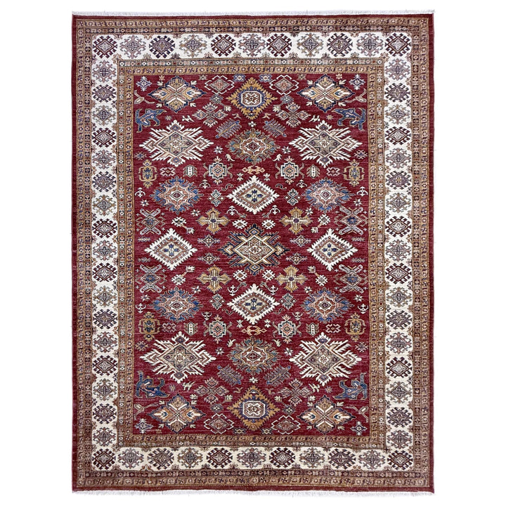 Red Afghan Kazak Rug 6' 11" x 10' 1" Hand-Knotted | No. AL56258