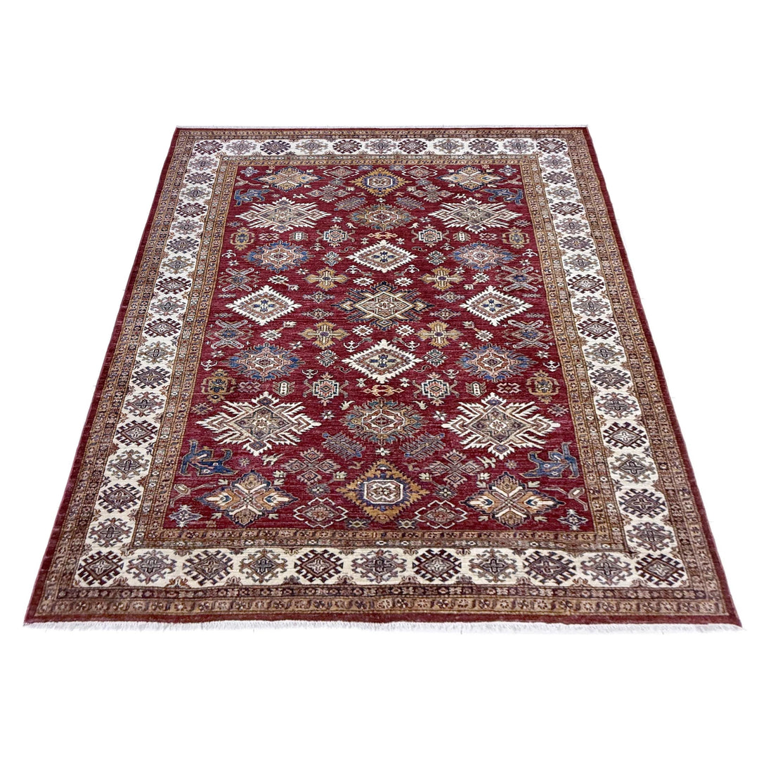 Red Afghan Kazak Rug 6' 11" x 10' 1" Hand-Knotted | No. AL56258