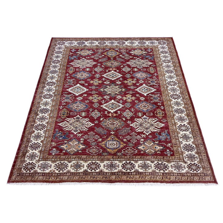 Red Afghan Kazak Rug 6' 11" x 10' 1" Hand-Knotted | No. AL56258