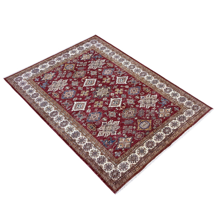 Red Afghan Kazak Rug 6' 11" x 10' 1" Hand-Knotted | No. AL56258