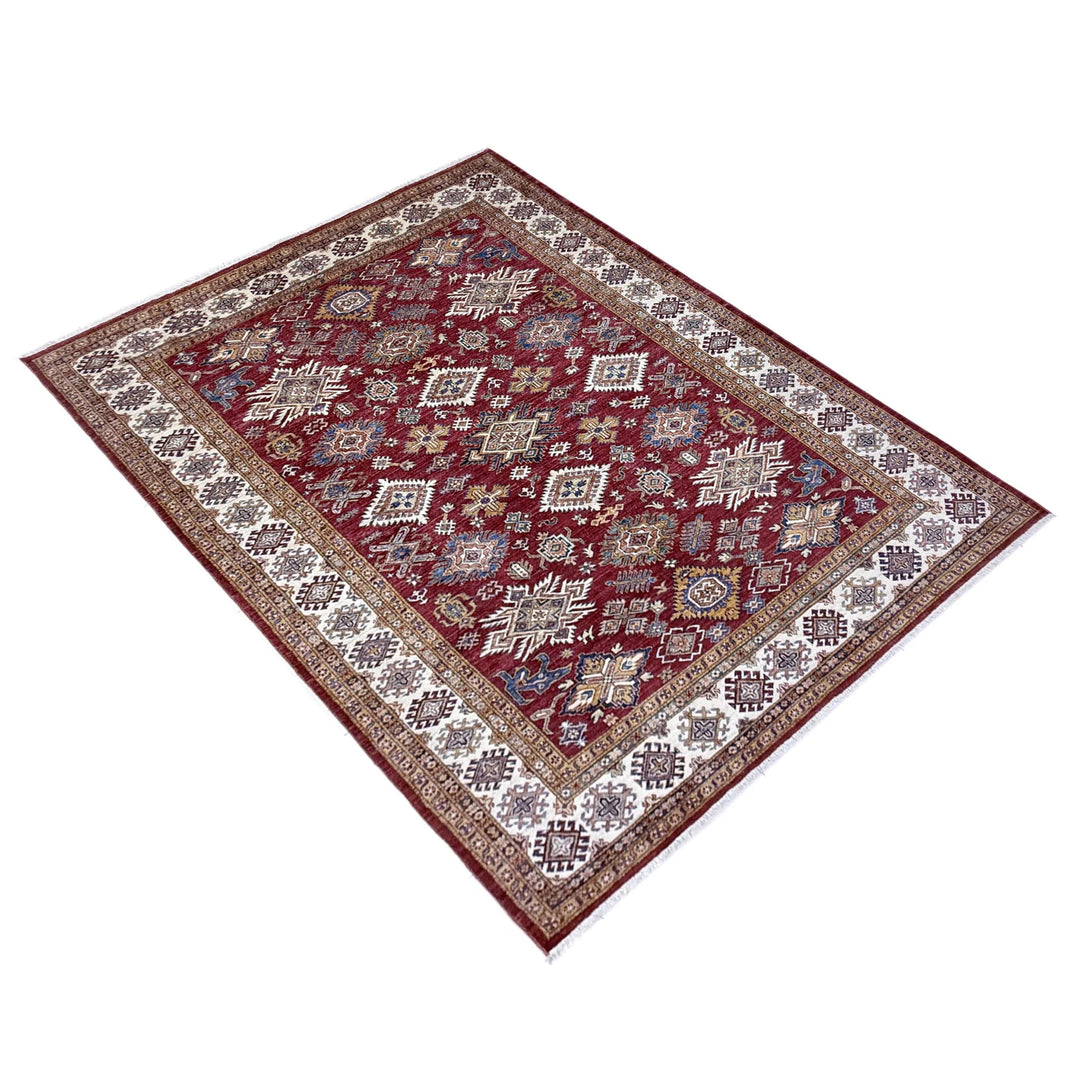 Red Afghan Kazak Rug 6' 11" x 10' 1" Hand-Knotted | No. AL56258