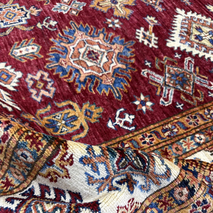 Red Afghan Kazak Rug 6' 11" x 10' 1" Hand-Knotted | No. AL56258
