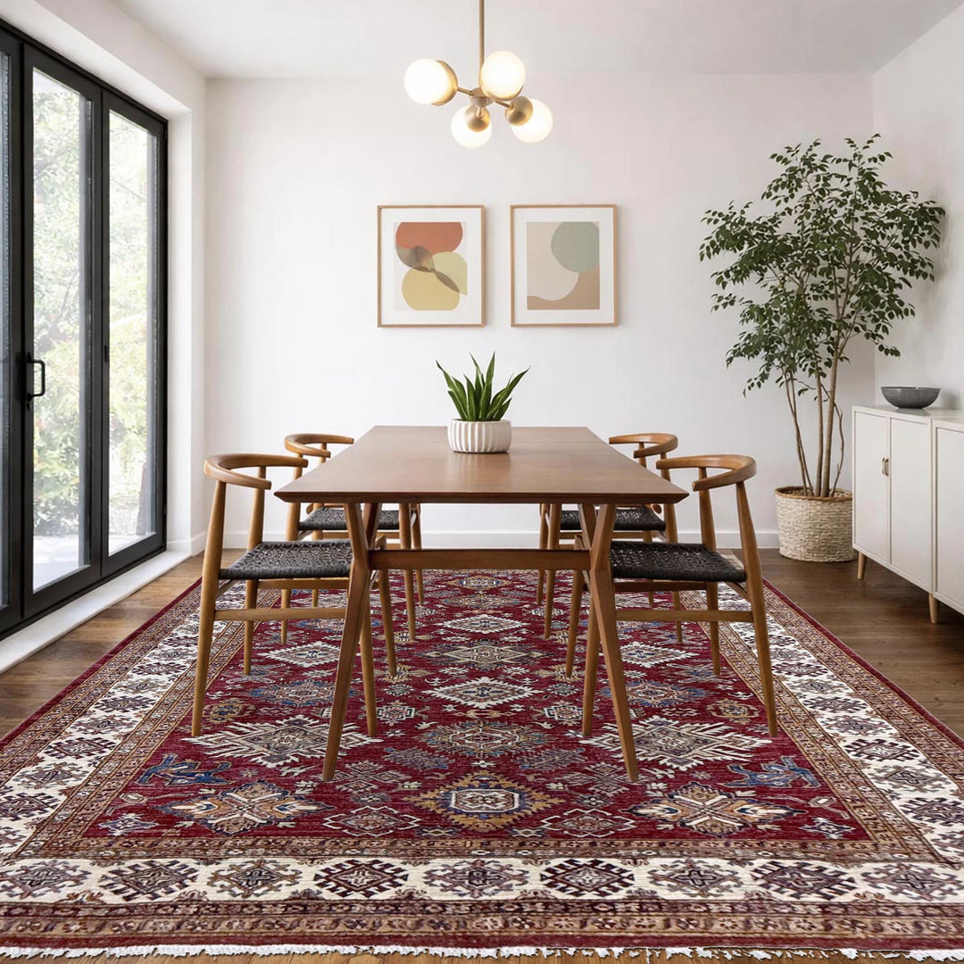 Red Afghan Kazak Rug 6' 11" x 10' 1" Hand-Knotted | No. AL56258