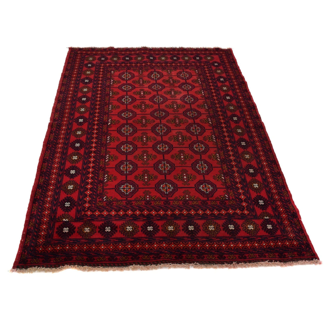 Red Afghan Bokhara Rug 3' 10" x 6' 2" Hand-Knotted | No. AL56284