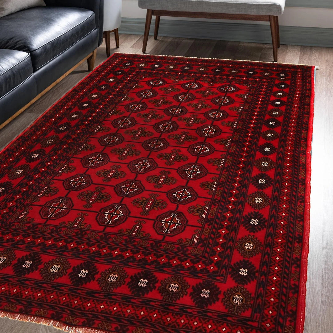 Red Afghan Bokhara Rug 3' 10" x 6' 2" Hand-Knotted | No. AL56284