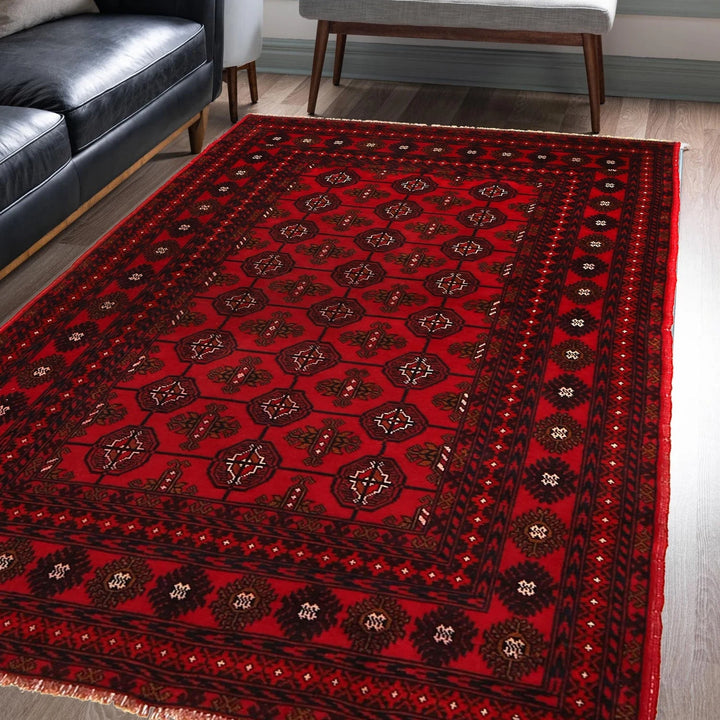 Red Afghan Bokhara Rug 3' 10" x 6' 2" Hand-Knotted | No. AL56284