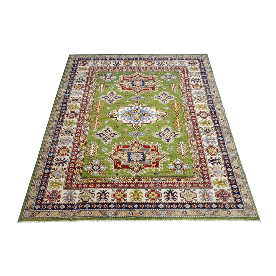 Green Afghan Kazak Rug 5' 9" x 7' 9" Hand-Knotted | No. AL56323