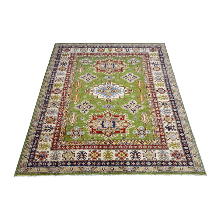 Green Afghan Kazak Rug 5' 9" x 7' 9" Hand-Knotted | No. AL56323