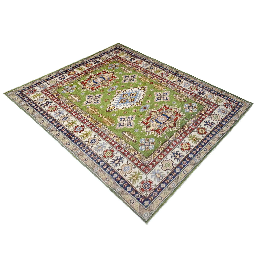 Green Afghan Kazak Rug 5' 9" x 7' 9" Hand-Knotted | No. AL56323