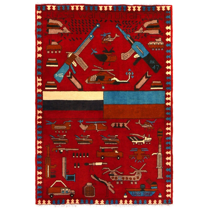 Red Afghan War Rug 3' 5" x 4' 11" Hand-Knotted | No. AL56500