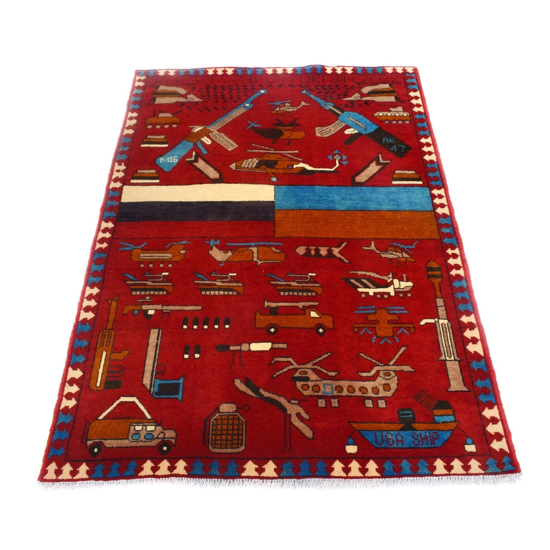 Red Afghan War Rug 3' 5" x 4' 11" Hand-Knotted | No. AL56500