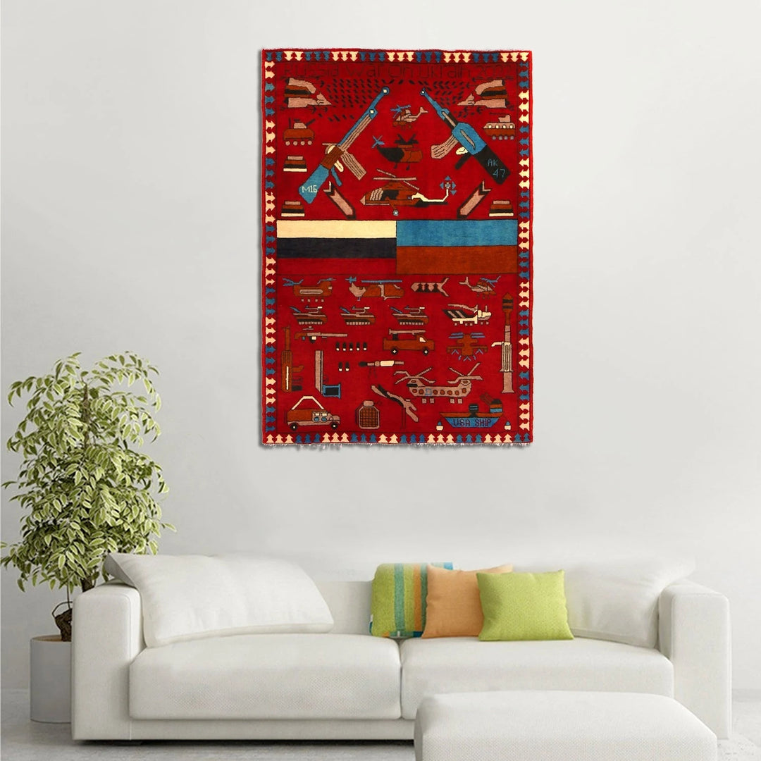 Red Afghan War Rug 3' 5" x 4' 11" Hand-Knotted | No. AL56500