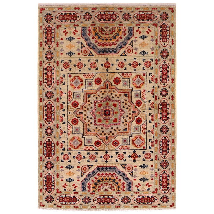 Beige Afghan Kazak Rug 3'3" x 4'11" Hand-Knotted | No. AL56596