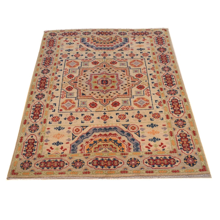 Beige Afghan Kazak Rug 3'3" x 4'11" Hand-Knotted | No. AL56596