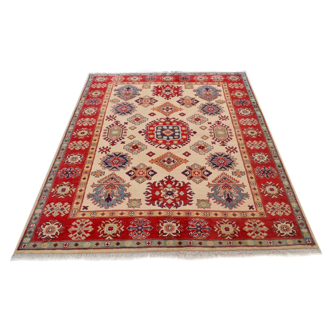Ivory Afghan Kazak Rug 4' 11" x 6' 6" Hand-Knotted | No. AL56610