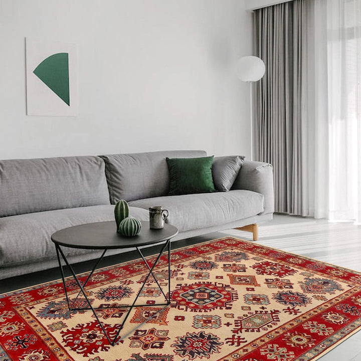 Ivory Afghan Kazak Rug 4' 11" x 6' 6" Hand-Knotted | No. AL56610