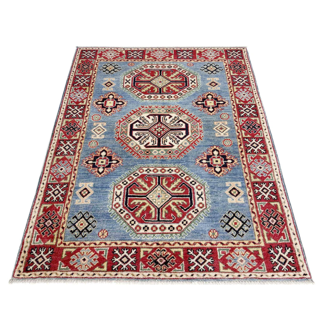 Blue Afghan Kazak Rug 3' 4" x 4' 10" Hand-Knotted | No. AL56614