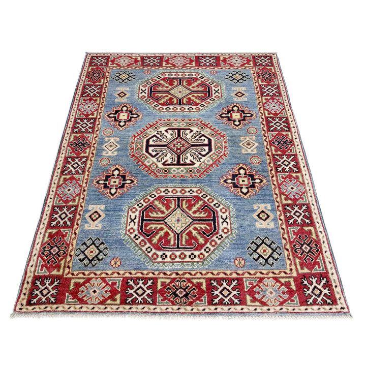 Blue Afghan Kazak Rug 3' 4" x 4' 10" Hand-Knotted | No. AL56614