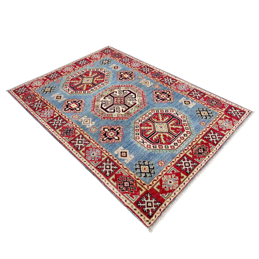 Blue Afghan Kazak Rug 3' 4" x 4' 10" Hand-Knotted | No. AL56614