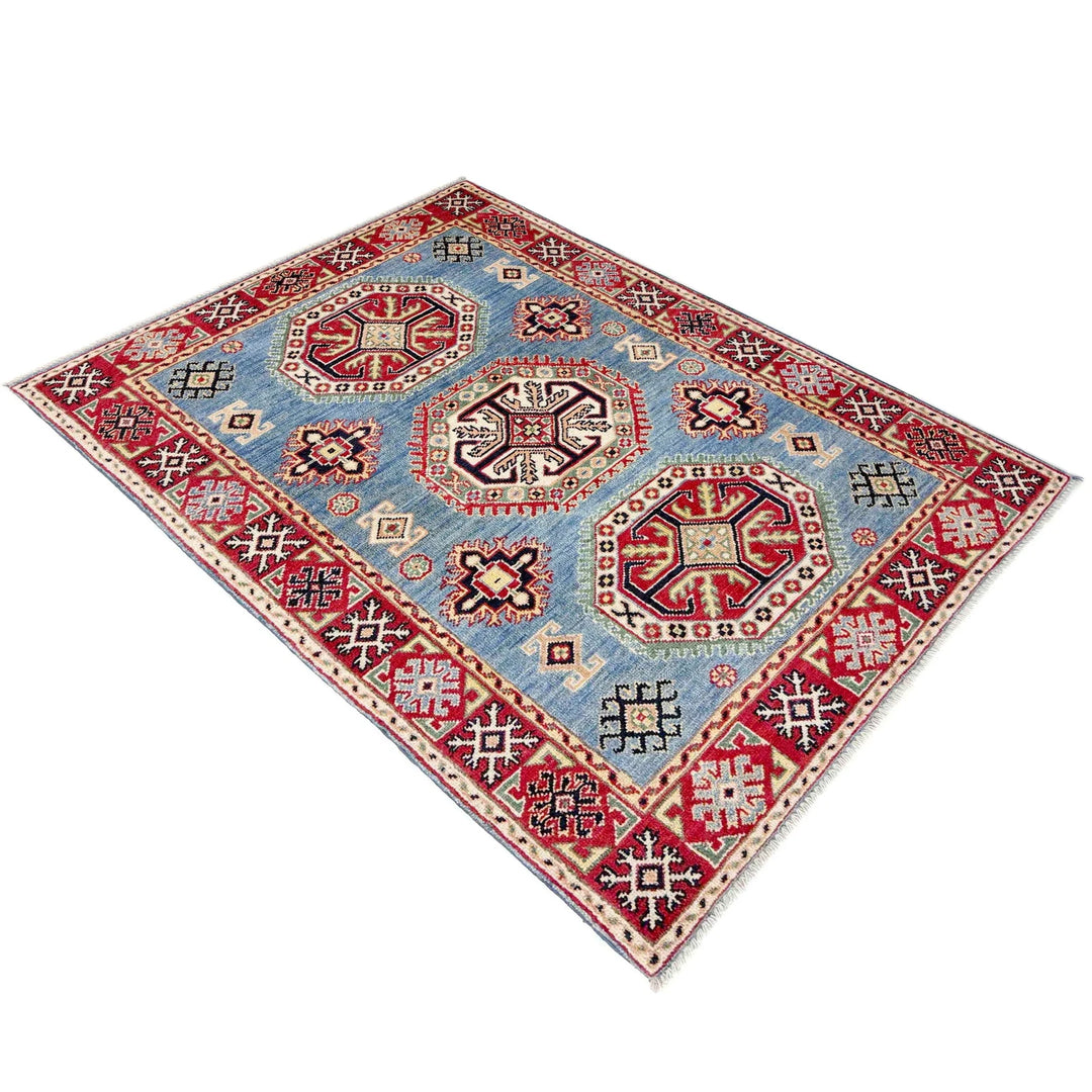 Blue Afghan Kazak Rug 3' 4" x 4' 10" Hand-Knotted | No. AL56614