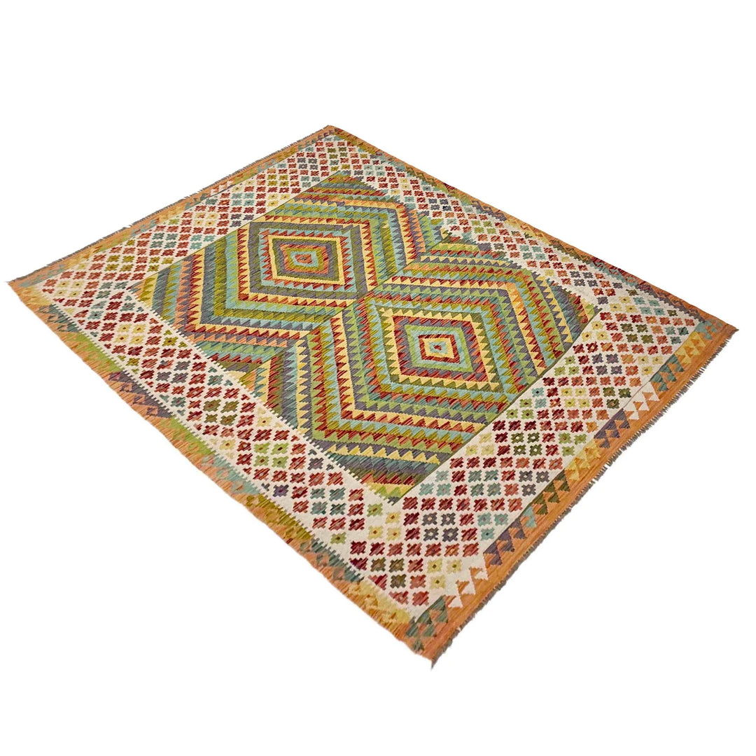Afghan Vegetable Kilim Rug 6' 8" x 9' 3" Flat-Weave | No. AL566370