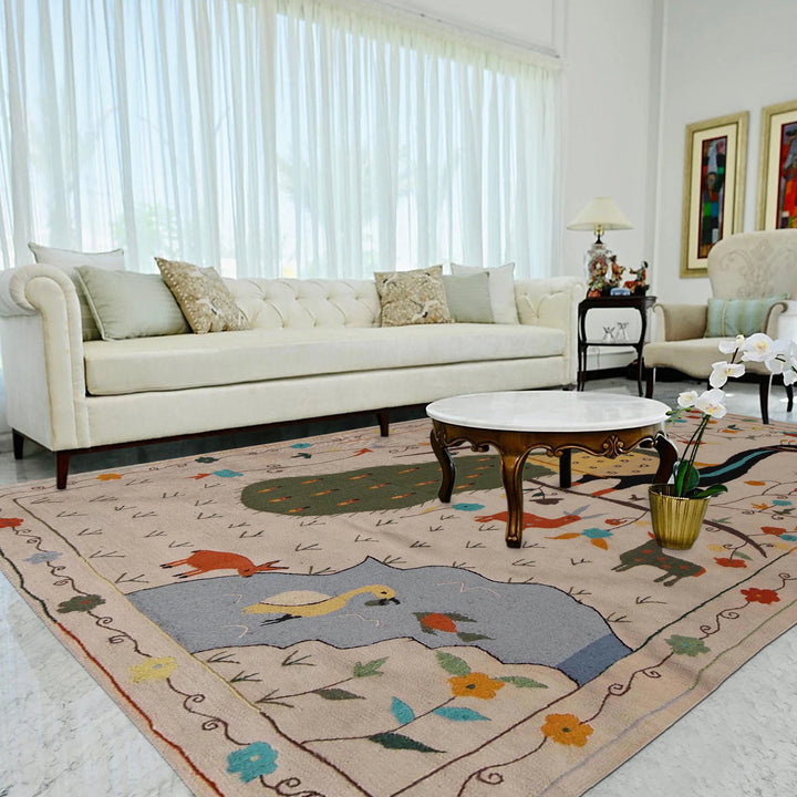 Tan Pakistani Kilim Rug 5'5" x 7'9" Flat-Weave | No. AL56898
