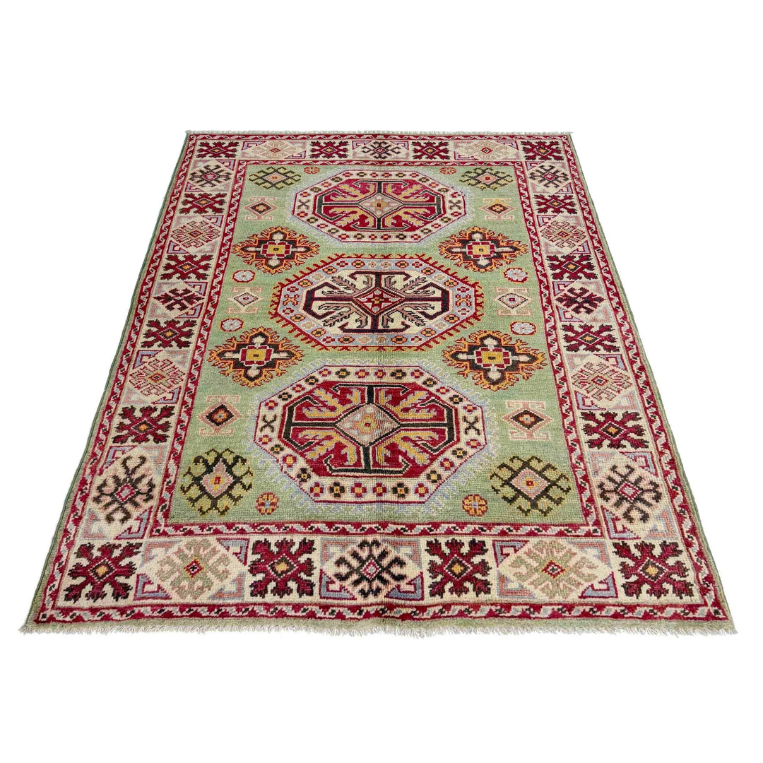 Green Afghan Kazak Rug 3' 6" x 4' 9" Hand-Knotted | No. AL56933