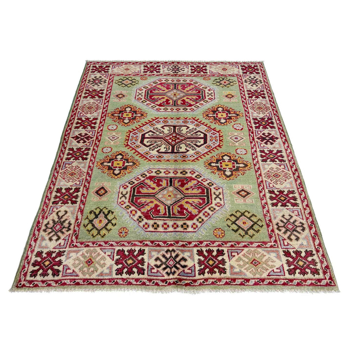 Green Afghan Kazak Rug 3' 6" x 4' 9" Hand-Knotted | No. AL56933