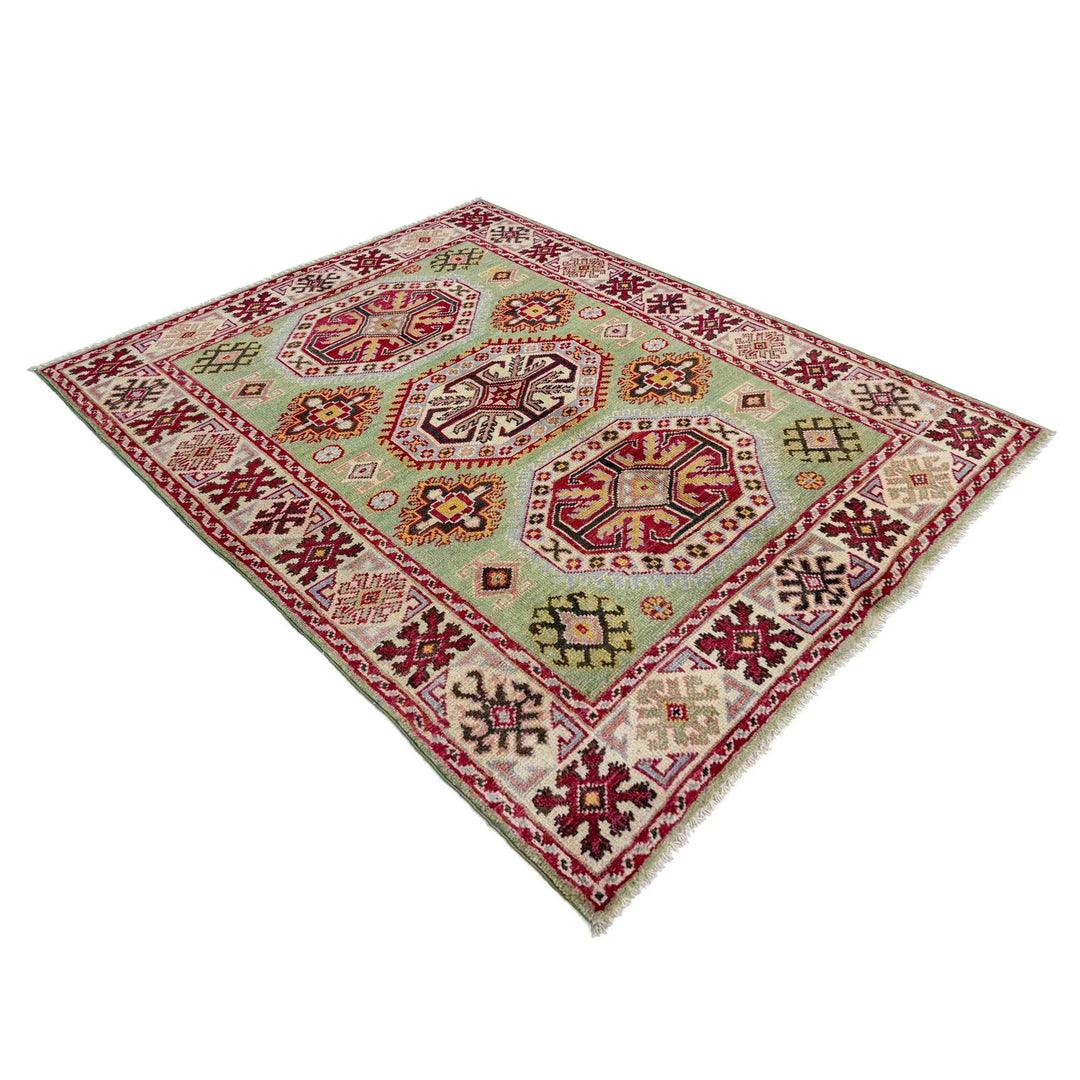 Green Afghan Kazak Rug 3' 6" x 4' 9" Hand-Knotted | No. AL56933