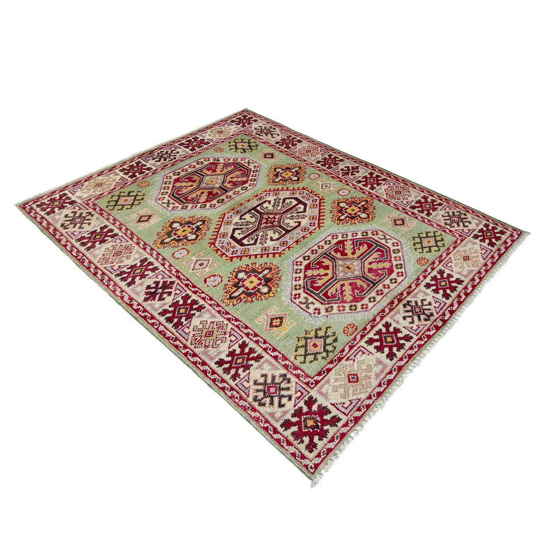 Green Afghan Kazak Rug 3' 6" x 4' 9" Hand-Knotted | No. AL56933