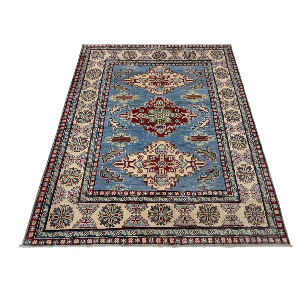 Blue Afghan Kazak Rug 4' 11" x 6' 9" Hand-Knotted | No. AL56966