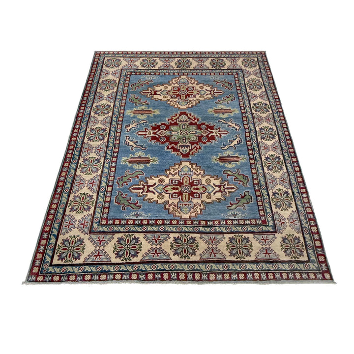 Blue Afghan Kazak Rug 4' 11" x 6' 9" Hand-Knotted | No. AL56966